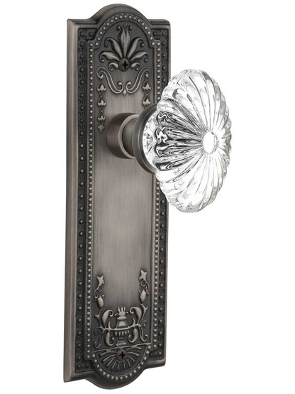 Meadows Style Door Set with Oval Fluted Crystal Glass Knobs in Antique Pewter.